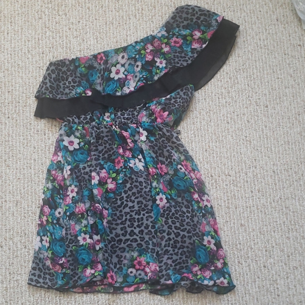 One Shoulder Leopard and Floral Dress